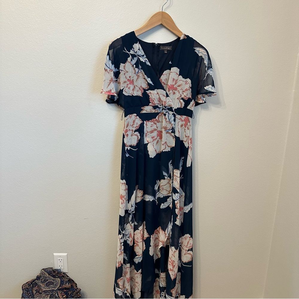 Luxology Navy and Pink Floral Maxi Dress